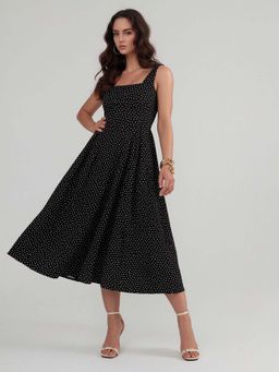 Twenty Dresses by Nykaa Fashion - Polka Dot Print Fit & Flare Black Midi Dress