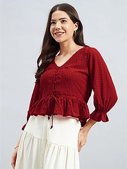 Twenty Dresses by Nykaa Fashion - Red Textured Poly Crepe Peplum Top