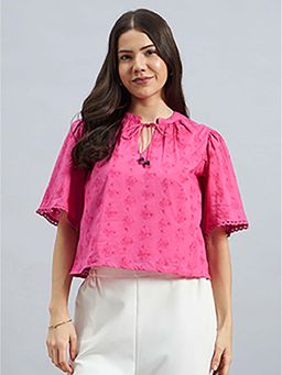 Twenty Dresses by Nykaa Fashion - Flared Sleeves Cotton Pink Schiffly Top