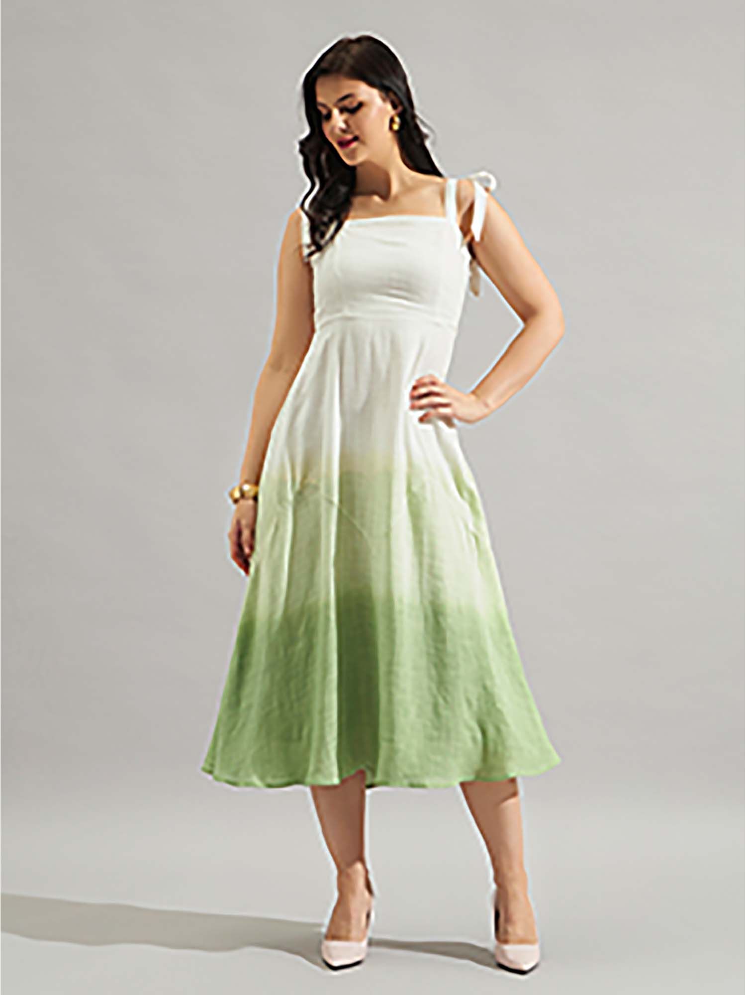Women Green Ombre Tie-Up Strap Midi Dress-picture-26
