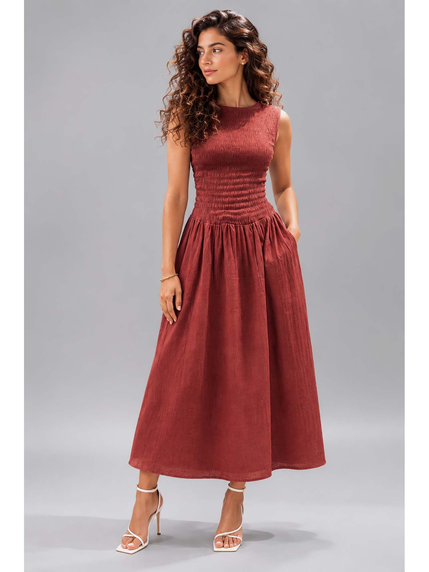 Women Maroon Smocked Sleeveless Midi Dress-picture-30
