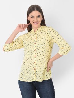 CRIMSOUNE CLUB - Women Yellow Floral Printed Linen Mandarin Collar Shirt