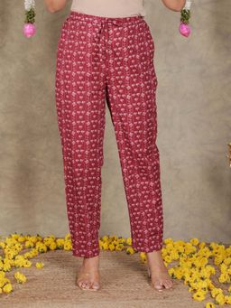 ARAMYA - Red Soft Cotton Floral Pant for Women