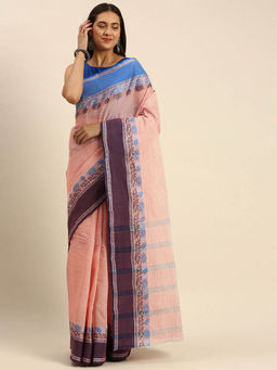 DESH BIDESH - Bengal Tant Handloom Cotton Saree Jol Turongo Woven Design Peach without Blouse