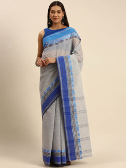 DESH BIDESH - Bengal Tant Handloom Cotton Saree Jol Turongo Woven Design Blue without Blouse