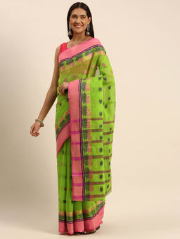 DESH BIDESH - Bengal Tant Woven Lotus Kolk Design Cotton Handloom Saree Green without Blouse