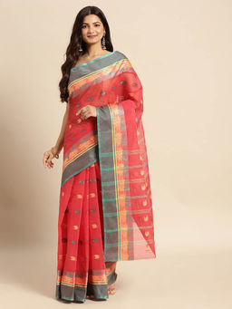 DESH BIDESH - Bengal Tant Woven Lotus Kolk Design Cotton Handloom Saree Red without Blouse