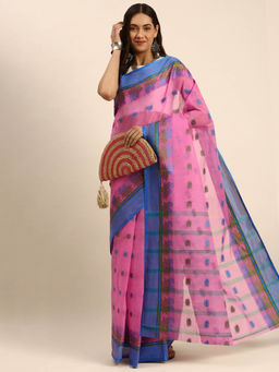 DESH BIDESH - Bengal Tant Woven Lotus Kolk Design Cotton Handloom Saree Pink without Blouse