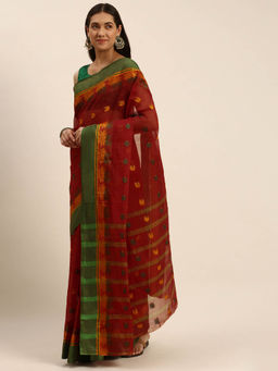 DESH BIDESH - Bengal Tant Woven Lotus Kolk Design Cotton Handloom Saree Red without Blouse