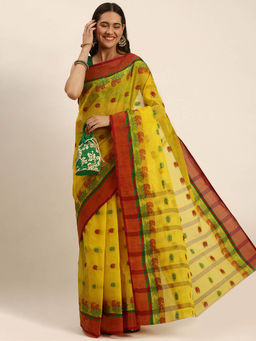 DESH BIDESH - Bengal Tant Woven Lotus Kolk Design Cotton Handloom Saree Yellow without Blouse