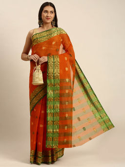 DESH BIDESH - Bengal Tant Petrofinas Pure Handloom Cotton Saree Orange without Blouse