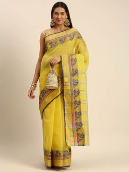 DESH BIDESH - Bengal Tant Pure Handloom Cotton Saree Pushpalata Woven Design Yellow without Blouse