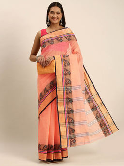 DESH BIDESH - Bengal Tant Pure Handloom Cotton Saree Pushpalata Woven Design Orange without Blouse