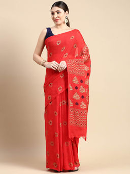 DESH BIDESH - Bengal Tant Abhrak Work Design Soft Pure Cotton Saree Red with Unstitched Blouse