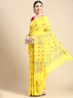 DESH BIDESH - Bengal Tant Abhrak Work Design Soft Pure Cotton Saree Yellow with Unstitched Blouse