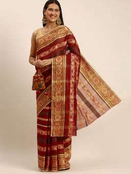 DESH BIDESH - Bengal Tant Pure Handloom Cotton Saree Blossom Red without Blouse