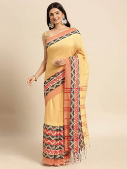 DESH BIDESH - Bengali Chakra Begampuri Pure Handloom Cotton Saree Yellow with Unstitched Blouse