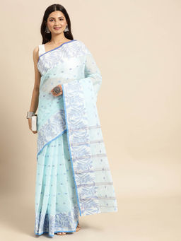 DESH BIDESH - Pure Handloom Cotton Saree Flower Floral Woven Designer Blue without Blouse