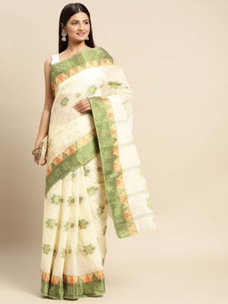 DESH BIDESH - Bengal Fuleswari Woven Designer Pure Handloom Cotton Saree Green without Blouse