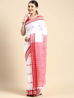 DESH BIDESH - Bengali Tant Handloom Cotton Saree Galaxy Design White with Unstitched Blouse