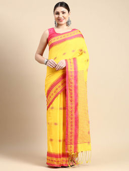 DESH BIDESH - Bengali Tant Handloom Cotton Saree Galaxy Design Yellow with Unstitched Blouse