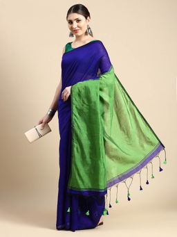 DESH BIDESH - Khadi Ghicha Handloom Cotton Silk Saree Blue with Unstitched Blouse