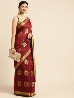 DESH BIDESH - Ant Silk Handloom Cotton Saree Gojomoti Kulo Design Maroon with Unstitched Blouse