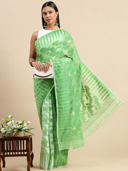 DESH BIDESH - Bengal Handloom Tant Soft Dhakai Jamdani Cotton Saree Green without Blouse