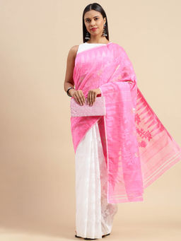 DESH BIDESH - Bengal Handloom Tant Soft Dhakai Jamdani Cotton Saree Pink without Blouse