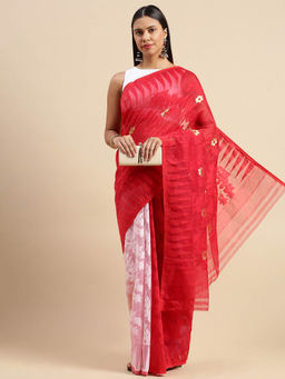 DESH BIDESH - Bengal Handloom Tant Soft Dhakai Jamdani Cotton Saree Red without Blouse