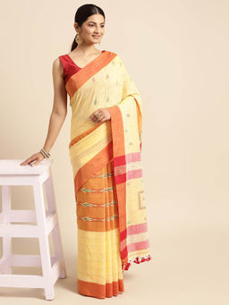DESH BIDESH - Bengal Handloom Pure Cotton Saree Koti Design Yellow with Unstitched Blouse