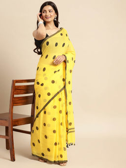 DESH BIDESH - Soft Mulmul Polka Dots Design Pure Cotton Handloom Saree Yellow without Blouse