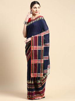 DESH BIDESH - Bengali Mandir Designed Pure Handloom Cotton Saree Navy Blue with Unstitched Blouse