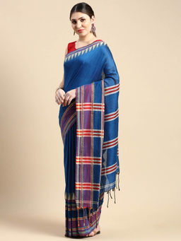 DESH BIDESH - Bengali Mandir Designed Pure Handloom Cotton Saree Blue with Unstitched Blouse