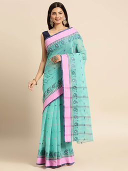 DESH BIDESH - Bengal Tant Woven Minakari Kolk Design Handloom Cotton Saree Blue without Blouse