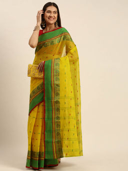 DESH BIDESH - Bengal Tant Woven Minakari Kolk Design Handloom Cotton Saree Yellow without Blouse
