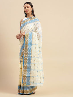 DESH BIDESH - Handloom Bengal Tant Saree Noyonchuri Design Off White without Blouse