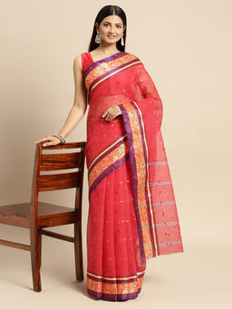 DESH BIDESH - Bengal Tant Pure Handloom Cotton Saree Patabahar Design Red without Blouse