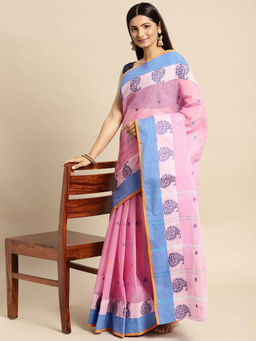 DESH BIDESH - Bengal Tant Patra Brik Ho Woven Design Handloom Cotton Saree Pink without Blouse