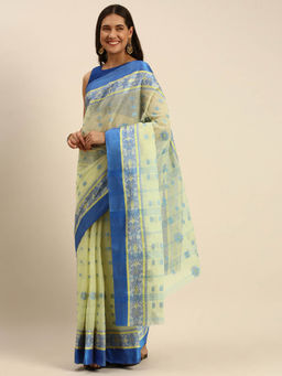 DESH BIDESH - Bengal Phulkari Woven Design Pure Handloom Cotton Saree Blue without Blouse