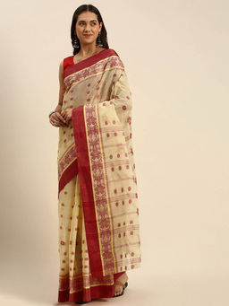 DESH BIDESH - Bengal Phulkari Woven Design Pure Handloom Cotton Saree Red without Blouse