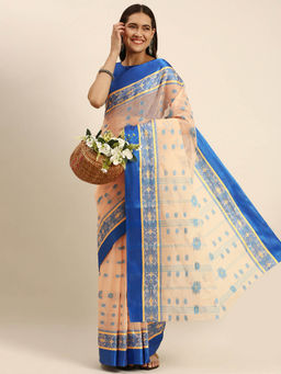 DESH BIDESH - Bengal Phulkari Woven Design Pure Handloom Cotton Saree Blue without Blouse