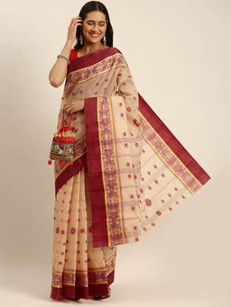 DESH BIDESH - Bengal Phulkari Woven Design Pure Handloom Cotton Saree Red without Blouse