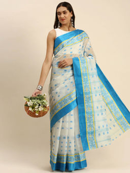 DESH BIDESH - Bengal Phulkari Woven Design Pure Handloom Cotton Saree White without Blouse