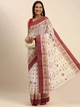 DESH BIDESH - Bengal Phulkari Woven Design Pure Handloom Cotton Saree White without Blouse