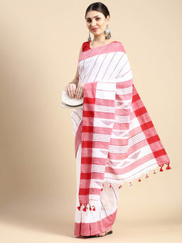 DESH BIDESH - Bengali Tant Handloom Pure Cotton Saree Picramide Red with Unstitched Blouse