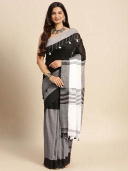 DESH BIDESH - Bengal Handloom Tant Pure Cotton Saree Pompom Designed White with Unstitched Blouse