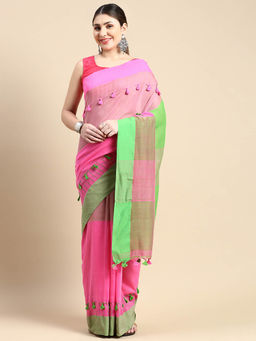 DESH BIDESH - Bengal Handloom Tant Pure Cotton Saree Pompom Designed Green with Unstitched Blouse