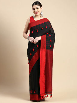 DESH BIDESH - Bengal Handloom Tant Pure Cotton Saree Pompom Designed Red with Unstitched Blouse