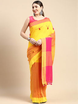 DESH BIDESH - Bengal Handloom Tant Pure Cotton Saree Pompom Designed Pink with Unstitched Blouse